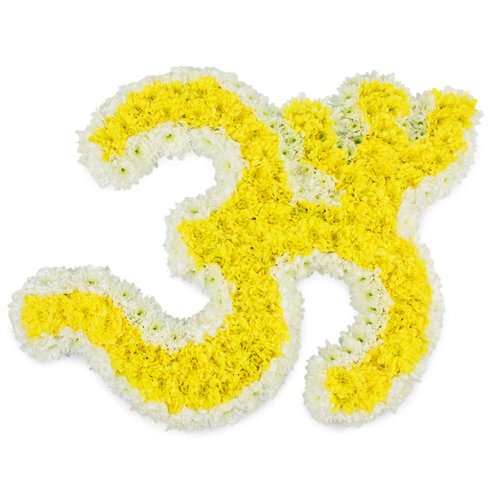 This image shows an exquisitely detailed floral Om symbol, arranged on a pure white background that amplifies both its colour and its spiritual significance. Thousands of tiny yellow flowers, likely chrysanthemums or marigolds, are packed together so seamlessly that they form an almost uninterrupted landscape of golden petals. These blooms describe every curve, loop, and inner contour of the Om, from the broad, embracing base that suggests grounding and support, to the smaller sweeping shapes and the separate dot poised above, completing the sacred character. Surrounding the yellow field, a precise outline of white flowers adds crisp definition, like a fine line drawn in light. The white blossoms trace the entire perimeter of the symbol, making its graceful curves immediately readable even from a distance, much as a landmark might stand clear against the open skies over Stanmore Common. The lighting is bright and even, emphasising the contrast between the warm yellow and the cool white while preserving the subtle shadows that reveal the three-dimensional depth of the petals. You can almost feel the softness beneath your fingertips and imagine the quiet atmosphere of a local Stanmore florist's workbench where this tribute might have been assembled for a family funeral. The Om motif, central to Hindu prayer and many meditative practices, infuses the design with meaning beyond its visual beauty. This floral piece would sit naturally beside a casket, at a mandap, or near a photograph of the departed, offering visual comfort and a sense of sacred continuity. It conveys not only loss, but also reverence, inner stillness, and the hope of spiritual peace.