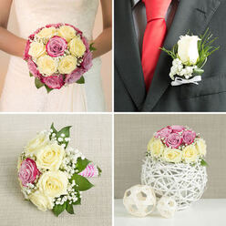 This four-panel image captures a cohesive wedding floristry suite in a mellow palette of cream, pale yellow and blush to mauve roses, softened with clouds of tiny white filler flowers and fresh green leaves, photographed in gentle daylight that brings out velvet petal tones. Top-left shows the bride from chest down clasping a perfectly round bouquet against a lace-detailed white gown; cream and pale-yellow roses dominate, while deeper pink and magenta blooms provide contrast, all interlaced with baby's breath and glossy foliage so that the bouquet feels both classic and tactile. Top-right focuses on the groom's boutonnière on a dark gray suit-one pristine white rosebud nestles with baby's breath and a small sprig of greenery, the stems finished with a tidy white satin bow, sitting beside a bold red tie that gives the portrait a refined pop of colour. Bottom-left presents a smaller posy or bridesmaid's bouquet resting on a textured off-white linen: open cream and pale yellow roses mingle with pink blossoms, abundant fluffy filler blooms, and a pink-and-white striped ribbon handle that suggests handcrafted attention. Bottom-right shows a compact table centre made from the same flowers, placed in a white spherical twig vase with two natural woven balls nearby, lending a subtle rustic-modern feel to reception styling. As a local florist familiar with Stanmore High Street and Canons Park weddings, I can see how this combination would read beautifully in a community hall or church near the Jubilee line-each piece designed to be viewed and to smell faintly of freshly cut roses.