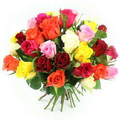The image shows a striking, multi-coloured rose bouquet set against a clean, bright white background, as though it has just been finished and placed down in the calm of the Flowers Stanmore studio. The bouquet has a pleasingly rounded, dome-like shape, with dozens of roses clustered closely together to create a lush, overflowing effect. Deep crimson and ruby roses hint at classic romance, while cheerful yellows, vivid oranges, and bright fuchsias add bursts of festivity. Soft pastel pinks and cream-white blooms soften the overall palette, lending the bouquet a gentle, elegant air suitable for the refined homes and green avenues around Stanmore Country Park. Each flower displays its own individual character: some heads are fully open with layered, spiralling petals, others are half-open, and a few remain in tighter bud form that suggests freshness and longevity. Dark green leaves emerge intermittently between the flowers, adding texture and framing the bright petals in natural tones. The stems of the roses extend downward in a tidy bundle, straight and sturdy, bound at the base by a green and white checkered ribbon that adds a subtly rustic, homely charm, as if the bouquet has just been wrapped for local delivery. The lighting is soft yet bright, casting no harsh shadows and allowing the natural colours to stand out with clarity. The bouquet conveys a feeling of warm celebration and heartfelt sentiment, making it ideal for marking special occasions in Stanmore-from anniversaries and milestone birthdays to simple moments of appreciation shared with neighbours, friends, and family.