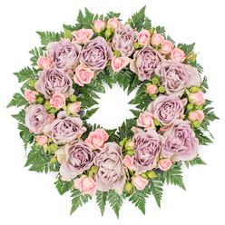 This image shows a beautifully composed circular wreath laid flat on a pure white surface, the clean background emphasising every rose and leaf. The wreath is full and symmetrical, its ring formed by an intricate tapestry of blooms and greenery that feels both classic and contemporary, well suited to a Stanmore memorial or funeral service. At its heart are large, open roses in a refined palette of muted lavender, dusty purple, and soft mauve, each blossom full of layered, velvety petals that spiral inward towards a deep centre. Interlaced between these major blooms are smaller clusters of blush pink spray roses, some appearing as tight buds, others gently unfurling, offering a tender contrast and suggesting the passage from youth to maturity. A dense base of dark green fern fronds, most likely leatherleaf or sword fern, frames the flowers, their fine, serrated leaves radiating outward and adding a rich, textural border. The interplay of the deep greenery with the soft pastel tones creates a sense of calm balance and quiet dignity. Scattered discreetly throughout are hints of darker filler foliage and tiny budding elements that help to create depth, making the wreath look three-dimensional even when seen from above. The lighting is even and neutral, allowing the true colours of the petals to shine without glare or harsh shadow. It is easy to imagine this wreath resting at a Stanmore church altar, beside a photograph at a celebration of life, or delivered to a graveside overlooking the green spaces around the area. The design's gentle lavender and pink hues convey sympathy, remembrance, and enduring love, making this a thoughtful floral tribute for marking a cherished life.