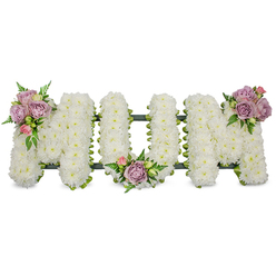 A lovingly hand-crafted 'MUM' tribute formed entirely from thousands of pristine white spray chrysanthemums, each letter built up to a substantial, sculptural height so the letters read clearly from a distance at a service. The densely packed white blooms create a soft, cloud-like surface that catches pale morning or chapel light, conveying serenity and reverence. Three carefully considered clusters of accent roses - soft lavender tones with gentle blush-pink buds - are artfully positioned: one on the upper left arm of the first 'M', a second resting in the curve of the 'U', and a third gracing the upper right of the final 'M'. Fresh fern fronds and mixed green leaves weave between the roses, introducing a cool, living green that frames the pastel hues and gives the tribute depth and movement. A discreet dark-green structural base, possibly ribbon-wrapped or moss-coated, peeks through at the letters' foundations, ensuring a neat silhouette and firm support for placement at a chapel or graveside. The scent is faintly floral with the clean green note of fern; the overall tone is peaceful, respectful and personal. Prepared by local craftsmen, this arrangement is suitable for funeral services, wakes or memorials across Stanmore - Flowers Stanmore can deliver and set this tribute at St John's Church, Stanmore High Street chapels or beside a family grave with the same calm attention to detail you would expect from a neighbourhood florist.