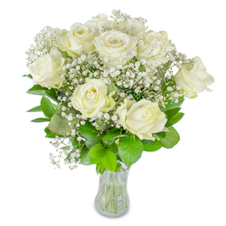 There is a quietly moving serenity to this vase of snowy white roses and delicate clouds of baby's breath, the kind of composition our customers often request for anniversaries or to offer comfort. Around twelve immaculate white roses form the heart of the arrangement; some blooms are fully unfurled with creamy, velveteen petals layered like silk, while others remain softly tucked, promising further bloom. Between and above these primary flowers, wisps of Gypsophila create a luminous, misty texture that lifts the bouquet and lets light travel through the composition. The greenery beneath-rounded, glossy leaves in rich emerald and fresh lime-grounds the display and adds a crisp, invigorating contrast that enhances the clarity of the whites. The whole is presented in a simple clear glass vase, its trimmed stems visible and the water level plainly seen, a small but telling sign of the bouquet's freshness and careful preparation. Diffused daylight sculpts each petal and brings out a faint, tender fragrance that feels like a gentle breath of spring. As a Stanmore florist experienced with local tastes, I often deliver similar arrangements to homes around Stanmore Broadway, near the tube station, and to events at community venues in Harrow. Flowers Stanmore prepares each bouquet with attention to texture and proportion, whether destined for a bright celebration or a compassionate gesture of remembrance.