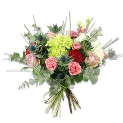 Against a clean white backdrop, a richly textured hand-tied bouquet presents itself like a small garden gathered and bound. Dominating the centre is a bright, lime-green hydrangea, its dense cluster of tiny petals creating a plush, cloud-like focal point that glows against the simpler shapes around it. Scattered through the mass are blush and cream roses with soft, open faces that suggest quiet tenderness, while a few deep red roses introduce a deliberate, dramatic contrast and a feeling of classic romance. Coral-pink carnations, with their crinkled edges, inject warmth and movement, their frilly skirts catching light and casting delicate shadows. Interspersed among the florals are several Eryngium thistles-blue-grey, almost metallic-whose spiky, starry forms offer an arresting modern counterpoint to the rounder blooms. The bouquet is framed by long, silvery eucalyptus leaves that lend a cool scent and contemporary shape, alongside slender green grasses that push upward and outward, creating airy lines and a sense of motion. The stems are gathered into a natural hand-tied bundle and secured with a rustic twine, revealing fresh, green stem ends and the craftsmanship of the arrangement. In the soft studio light each material shows its unique texture: the hydrangea's fluff, the roses' smooth curves, the thistles' sculptural edges. Ideal for gifting or as a cheerful centrepiece, this bouquet carries a versatile mood-gentle celebration, sincere thanks, or a tasteful pick-me-up-and would arrive beautifully in Stanmore, ready to lift a hallway table or brighten a kitchen on a quiet morning.