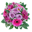 Arranged with the care of a Stanmore florist, this bouquet presents an exuberant blend of purples and pinks that seem to sing with springtime joy. Soft lavender roses at the heart open gently, their swirling petals suggesting luxury and affection-a floral nod to the celebrated rose beds of Canons Drive. Around them, vibrant fuchsia gerbera daisies stretch their petals outward in radiant layers, their deep centers adding intrigue and a pop of cheer, reminiscent of local community festivals. Clusters of magenta chrysanthemums nestle among the bold blooms, their yellow hearts twinkling with playful energy, while delicate sprays of white gypsophila drift through like a light mist, lending the arrangement a gentle, romantic veil. Glossy, emerald-hued foliage frames the flowers, enhancing each tone and adding to the bouquet's lush, fresh feel. Designed to delight for birthdays, anniversaries, or simply as a surprise to brighten someone's day in Stanmore, this expertly balanced bouquet is a celebration of colour, scent, and the thoughtful artistry that local hands bring to every arrangement.