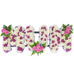 A three-dimensional floral tribute carefully formed into the letters MUM, photographed against a clean white backdrop so the textures read clearly. The body of each letter is built from a dense, cloud-like mass of pristine white chrysanthemums, their small, papery petals packed closely to create a soft, almost cushiony surface that catches the light in gentle highlights. Woven through that white base are small clusters of deep magenta and violet blooms that give the letters subtle patterned depth and a quiet rhythm rather than a stark contrast. Bright pink spray roses punctuate the composition: a compact cluster sits to the upper left of the first M, a larger, more generous spray nestles into the lower curve of the U, and a matching cluster balances the upper right of the second M. Rich green foliage-including fern fronds and varied leaves-frames those rose clusters, while tiny blue accent flowers are threaded sparingly to add a cool whisper of colour.

A delicate purple ribbon edges the shapes and a slim, dark horizontal bar runs behind the letters, entirely hidden by blooms from the front but providing the structure that keeps the piece unified and easy to place at a funeral plinth or mantel. The overall effect is one of quiet dignity and tender care: the tactile whiteness speaks of remembrance and innocence, while the pink roses offer warmth and affection. This is a bespoke sympathy tribute often requested by families in Stanmore, from Stanmore Broadway to the streets around Canons Park, where relatives ask for arrangements that read clearly in the morning light at wakes and memorial services. The design emphasises careful craftsmanship and floral harmony, intended to comfort and honour a cherished mother with understated grace.