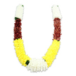 A ceremonial, U-shaped floral garland is photographed against a clean white backdrop, the soft shadow beneath it lending gentle depth as if the piece rested on a sunlit sill. The garland is clearly artificial yet lovingly made, its thousands of tiny fabric petals layered to mimic the plush density of real blooms. Each arm begins with a compact cylinder of pure white, chrysanthemum-like flowers whose fine, feathery petals create a serene, airy top; at the very tips small dark-green leaf accents punctuate the white, offering a crisp natural contrast. Beneath the white tops the design shifts to a rich, russet-maroon band - deep, warm and almost velvety in appearance - formed from tightly clustered synthetic florets that give weight and grounding to the curve. The longest portion of each arm unfolds into a cascade of bright yellow blossoms, radiant and cheerful, their rounded, pom-pom textures recalling marigolds and lending the garland a festive, sunlit cheer. At the low point where the two yellow arms meet, the garland gathers into a generous central cluster of pristine white blooms, wider and more luxuriant than the caps above, creating a focal heart that balances the colour story. Small dark-green separators are thoughtfully placed between colour blocks, outlining transitions and echoing the leaf tones of Stanmore's parks on a summer walk. The overall impression is one of careful craftsmanship and cultural purpose: a mala suited for puja, temple offerings, weddings or Diwali celebrations, radiating purity, prosperity and devotion while remaining durable for repeated ceremonial use.