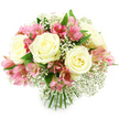 A beautifully balanced bouquet of creamy white roses, soft pink alstroemeria, and airy white baby's breath is captured against a crisp white background, every bloom clearly defined as if carefully positioned on a spotless counter in Stanmore. At the heart of the arrangement, several large white roses bloom fully, each flower built from concentric layers of velvety petals spiralling out from a slightly deeper, buttery centre. Their form is classic and graceful, suggesting romance and quiet luxury. Threaded among the roses, alstroemeria-also known as Peruvian lilies-introduce a lively note with their trumpet-shaped flowers in shades of blush and fuchsia pink. Subtle streaks and speckles of darker pink and red run along the inner petals, lending detail and a sense of movement as the blossoms curl gently outward. Fine sprays of Gypsophila weave throughout the bouquet, their countless tiny white flowers forming a soft haze that lightens and unifies the design, preventing the larger blooms from feeling too heavy. Around the edges, fresh green foliage emerges just enough to frame the flowers and provide a natural contrast, evoking the feel of a garden bouquet picked from a leafy corner near Stanmore Hill. The stems, visible at the base, are neatly cut and tightly bound, revealing this as a hand-tied arrangement ready to drop into a vase in a Stanmore home, perhaps on a windowsill overlooking the rooftops or in a hallway welcoming guests. The lighting is bright and even, making each texture and colour nuance easy to distinguish. Overall, the bouquet conveys warmth, tenderness, and celebration, making it a fitting floral gift for birthdays, anniversaries, thank-you messages, or thoughtful everyday surprises delivered across Stanmore and the wider HA7 area.