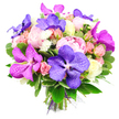Against a pristine white background, this lavish bouquet is shown from slightly above, giving a clear sense of its generous volume and careful structure. In the centre, large, fully blooming pink peonies form soft, rounded cushions of tightly layered petals, their ruffled edges suggesting both delicacy and abundance. Threaded through these are striking Vanda orchids in deep purple and vivid fuchsia, each blossom with broad, almost waxy petals decorated by an intricate web of pale veining, bringing an exotic, contemporary flair to the design. Around these focal flowers, clusters of spray roses in pale pink, peach-blush, and creamy white create a gentle gradient of colour, some buds still tightly furled, others beginning to spiral open, capturing the quiet drama of flowers at different stages of bloom. Tiny, finely petalled white filler flowers sit between the larger heads, catching the light like small bursts of brightness and helping to weave the separate elements together. A lush frame of glossy green foliage surrounds the flowers, the varying shapes and tones of the leaves evoking the well-kept hedges and borders of Stanmore's leafy streets. At the base, neatly cut stems are tied with a purple ribbon and a soft mesh wrap, underscoring the professional craftsmanship and care behind the arrangement. The bouquet's palette of fuchsia, violet, blush pink, peach, and crisp white, balanced by fresh greens, creates an atmosphere of elegant joy, perfect for marking anniversaries, engagements, or milestone birthdays, and for delivering a sense of occasion to homes and venues across Stanmore.