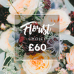 A close, sensory portrait of a hand-tied bouquet that reads like an evening in a sunlit Stanmore garden: the centerpiece is a richly velvety deep burgundy dahlia whose tightly layered petals form a dramatic, almost jewel-like focal point. Nestled around it are buttery garden roses in soft peach, cream and blush tones, their ruffled centers unfolding with the gentle, honeyed scent you almost imagine. Cool, silver-blue eryngium thistles punctuate the softness with spiky, sea-holly texture, their sculpted heads catching the light and adding a wild, modern edge. Small clusters of pale green-to-ivory berries-likely hypericum-dot the composition like quiet highlights, while varied eucalyptus and lush green foliage sweep through the bouquet, their matte, aromatic leaves giving the arrangement an organic, garden-fresh frame. The photographer has used soft directional light that sculpts each petal and leaf, revealing velvets, satins and frosted blues without harsh shadows. Centered over the blooms is a clean white square frame with rounded corners; within it, elegant white script reads Florist (the flowing, artisanal wordmark), followed by a neat uppercase CHOICE and a bold numeric price showing sixty pounds. That overlay sits clearly against the darker flowers, balancing craft and clarity. This bouquet feels both abundant and considered-perfect for an anniversary, a heartfelt thank-you, or to mark a quiet celebration-and evokes local walks across Stanmore Common and the warm shop-fronts of Stanmore Broadway, where blooms like this are picked and paired with care.