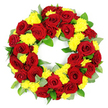 Captured against a pure white background, this meticulously arranged funeral wreath immediately draws the eye with its vivid combination of deep red roses and bright yellow chrysanthemums. The flowers are placed so closely together that they form a thick, luxurious ring, leaving a clear central opening that emphasises the classic wreath shape associated with remembrance and eternal love. The red roses are fully open, their velvety petals layered in graceful spirals, showing tones from classic crimson to darker burgundy, which adds visual depth and a feeling of dignified emotion. Between the roses, plentiful yellow chrysanthemum blooms sit in neat clusters, their tiny, feather-like petals creating a soft, cushiony texture and lending a gentle sense of light and comfort to the design. Interspersed throughout, lush green foliage peeks out, including smooth, glossy leaves and cooler, more muted sprigs that likely include eucalyptus, bringing structure and a fresh, natural backdrop for the flowers. The wreath appears perfectly symmetrical, its circular outline crisp and even, reflecting the practiced hands of an experienced Stanmore florist accustomed to preparing tributes for local services and cemeteries. Bright, even lighting illuminates the arrangement from all sides, highlighting the vivid colour contrasts and delicate details of each petal and leaf. The overall impression is of a thoughtful, heartfelt floral tribute ideal for funerals, memorial services, or graveside remembrances in and around Stanmore, offering a meaningful expression of love, respect, and lasting remembrance.