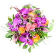 Viewed from above against a clear white background, this lavish bouquet appears as a perfectly rounded burst of colour, echoing the calm elegance of Stanmore's tree-lined streets. The eye is first drawn to the dramatic Vanda orchids in vivid fuchsia and deep magenta purple, their broad, gently cupped petals patterned with a distinctive tessellated motif that lends them a rich, exotic character. Embracing these central orchids, roses in varying tones gather in tight clusters: some in soft, powdery blush pink that feels tender and romantic, others in bright orange and glowing golden yellow that bring a sense of warmth and sheer happiness. Tucked between them, orange ranunculus enhance the same sunny palette, their many delicate, layered petals forming plush, ruffled blooms that seem almost weightless. Throughout the arrangement, deep plum and aubergine calla lilies curve gracefully upwards, their smooth, trumpet-shaped forms contributing a sculptural, almost architectural elegance to the design. Small clusters of lavender and light purple filler flowers - reminiscent of dainty phlox or similar blossoms - weave softly around the larger stems, creating subtle pockets of texture and a gentle haze of colour. Framing everything is a generous collar of greenery, with broad emerald leaves and rounded, silvery-green eucalyptus sprigs adding freshness, cool contrast, and a sense of movement. The bouquet feels joyful yet sophisticated, ideal as a luxurious gift for a birthday, anniversary, or just-because surprise, ready to be delivered to a home near Stanmore station or one of the quieter roads stretching toward Stanmore Country Park.