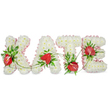 A tender, bespoke memorial arrangement spells the name KATE in large, three-dimensional capital letters, each letter built from a dense, cushiony carpet of pristine white spray chrysanthemums that give the surface a soft, cloud-like texture. Against the clean white backdrop the letters feel almost luminous, their edges defined by a ruffled pale pink ribbon that traces the contour of every stroke with a gently pleated finish. Warm, rich red roses are the primary accent here: carefully clustered on each letter - a single striking bloom on the upper left of the K, a small gathering at the meeting point of the A, a bold grouping near the T's crossbar, and another arranged slightly below the center of the E - their velvety petals and deep colour offering a heartfelt focal point against the serene white. Dark green foliage, including glossy ruscus and delicate fern fronds, is artfully woven into the letters, adding depth, contrast and a soft, natural scent of green leaves. Fine trailing vines bridge the gaps between letters, lending an organic flow that unites the composition and suggests continuity of memory. A subtle drop shadow beneath each form gives the tribute gentle relief, making it read as three-dimensional in soft daylight. The overall impression is one of quiet dignity and thoughtful craftsmanship - a design I might prepare for a service held near Stanmore High Street or laid at a local chapel - conveying comfort, respect and a calm, fragrant presence for mourners to gather around and remember a beloved life.