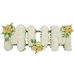 A calm, evenly lit photograph presents a long floral tribute spelling out MOM in striking, upright capital letters, laid out horizontally against a pure white background so the design stands out with clarity. Every letter is completely covered in pure white blooms, most likely small spray chrysanthemums or similar flowers, their many tiny petals overlapping to form a dense, cushion-like surface. The uniform white creates a sense of peace and reverence, suitable for placing near the coffin or at the front of a memorial service in Stanmore, where family and friends gather to say a final goodbye. Around the outer edges, a narrow dark green ribbon and structural frame discreetly outline each letter, offering definition and a subtle contrast that mirrors the deep greens found in Stanmore's parks and leafy residential streets. Breaking up the white base with gentle warmth, three clusters of peach and apricot spray roses are thoughtfully arranged across the tribute. One cluster sits on the upper left side of the first M, another rests neatly at the lower centre of the O, and the last highlights the upper right side of the final M. These rose groupings, made up of buds and partially opened flowers, are surrounded by feathery fern fronds and glossy dark green leaves, adding depth, movement, and a soft garden feel to the design. The combination of crisp white and muted peach tones conveys both purity and affection, expressing love, remembrance, and quiet gratitude. This MOM floral lettering would be a meaningful focal piece at a Stanmore funeral or cremation, a visual expression of the bond between a mother and her family that remains even as they say farewell.