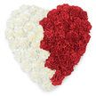 An overhead portrait of a lovingly crafted heart formed entirely from densely packed carnations, the left half a plush field of off-white and cream blooms and the right half a deep, saturated red. From above you can trace the carefully sculpted texture - each carnation's ruffled, crinkled petals layered into a soft, almost velvety surface that catches the light across tiny ridges and folds. The two colour fields meet along a clean, vertical division that reads like a deliberate emblem: the creamy left side smooth and rounded, the red side vivid and striking, together creating a powerful two-tone motif that many will read as a patriotic symbol of Bahrain. The heart sits against a plain white backdrop so the colours and petal detail read with absolute clarity, the composition emphasising contrast, unity, and emotional balance. As a florist who arranges for families throughout Stanmore, I imagine this piece laid on a chapel hearth or placed at a public commemoration near Stanmore Common - it has the softness for private consolation and the graphic strength for a civic moment. The scent is suggested rather than overwhelming: a faint sweet pepperiness from the carnations, a quiet freshness that pairs with the visual comfort of the creamy side and the passionate warmth of the red. The overall effect is respectful and deliberate, a floral language of love, remembrance and national pride that can comfort mourners, celebrate cultural heritage, or mark a communal observance in the local neighbourhood with dignity and care.