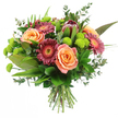 Set against a pristine white background, this lush, hand-tied bouquet feels like a bright burst of colour arriving at a Stanmore doorstep on a clear morning. The arrangement is built around large, full-headed roses in warm peach and salmon tones, some drifting toward apricot and others carrying soft, creamy outer petals that cradle richer colour within. Tucked among them, deep burgundy and magenta gerbera daisies introduce a sophisticated drama, their slender petals arranged in perfect rings around lighter, textured centres that draw the eye inward. Rising proudly within the mix, a striking King Protea adds a sculptural, almost regal quality, its layered maroon and mauve-pink bracts curving around a dense central cone and finishing in pointed tips touched with blush. Scattered throughout, bright lime-green Santini chrysanthemums sit like neat, rounded buttons, their densely packed petals bringing both lively contrast and tactile interest, as if they were tiny, fresh mossy cushions. The bouquet is wrapped in a generous collar of greenery: wide, glossy leaves form a strong, dark green base; tall, blade-like leaves break the outline with height and movement; and airy eucalyptus sprigs with rounded, silvery-green leaves give a cool, fragrant softness reminiscent of a stroll through the leafy streets near Stanmore Country Park. The stems are gathered tightly and trimmed evenly at the base, reflecting the skill of an experienced local florist and making the bouquet ready for a vase in any home or office along The Broadway or in nearby Canons Park. Overall, the design feels celebratory yet refined, perfect for birthdays, heartfelt congratulations, or simply sending warmth and appreciation within the Stanmore community.