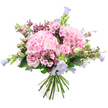 This bouquet, shown against a pure white background, is a soft, romantic mix of pink and lavender tones that feels right at home in Stanmore's relaxed, suburban setting. At its centre are generous heads of pink hydrangea, their plump, rounded forms made from countless petite, ruffled petals that combine into fluffy, cloud-like mounds of colour. Tucked around these hydrangeas are light pink roses at different stages of bloom: some fully open, with graceful, spiralling hearts, others still in tighter buds with petals wrapped closely together, suggesting blossoms that will unfurl over the coming days. Rising gently from the main mass of flowers are slender stems of bell-shaped blossoms in pastel lilac and soft lavender, likely campanula or similar bellflowers, which add height, lightness, and a touch of wildflower charm, like flowers you might notice in a quiet garden near Bentley Priory. Small clusters of deeper fuchsia and bright pink filler blooms are scattered throughout, reminiscent of waxflower or phlox, adding depth, contrast, and a fine, detailed texture when imagined up close. The entire arrangement is held together by a collar of fresh green foliage, with a mix of smooth leaves and young buds that underline the bouquet's freshness and natural feel. At the base, the stems are neatly tied in a classic hand-tied style, ready to be placed in a clear vase on a dining table or windowsill overlooking Stanmore's greenery. The mood conveyed is one of tender celebration and thoughtful care, ideal for birthdays, Mother's Day surprises, or simply sending love and comfort to someone special in the local area, from quiet residential roads to homes near the station.