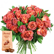 This meticulously crafted gift set embodies the sophisticated spirit of Stanmore, featuring an opulent bouquet of hand-tied roses paired with decadent Thorntons Orange Crisp chocolates. Around two dozen roses, their petals awash in blended shades-golden peach and coral in the heart, softening to salmon and pink at the edges-are interspersed with dense, glossy greenery that intensifies the warmth of each bloom. The arrangement's fullness is heightened by the juxtaposition of velvety, richly colored roses against the verdant leaves, reminiscent of walks under leafy canopies at Stanmore Park. At the bouquet's base, tightly gathered stems hint at professional craftsmanship. The foreground features a stately, pale beige chocolate pouch, featuring the signature Thorntons logo and artwork of two chocolate truffles-each described as orange-infused, generously crisped, and coated in milk chocolate. Two actual truffles rest nearby, their dark brown exteriors catching the light and beckoning for a taste. The entire set is an invitation to celebration, ideal for gifting on anniversaries, Mother's Day, birthdays, or whenever a little luxury is due. Flowers Stanmore brings this touch of indulgence to homes and hearts throughout the community, blending floral elegance with the sweet promise of chocolate.